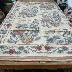 Wool Embroidered Accent Rug Canvas Back Floral Chain Stitch Handmade 70 x 47